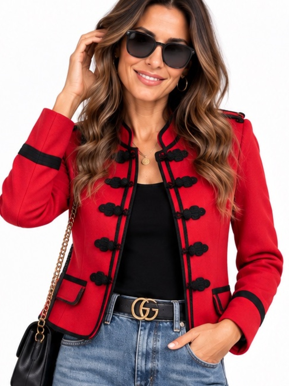 121.New Red Military-Style Women’s Jacket with Black Trim